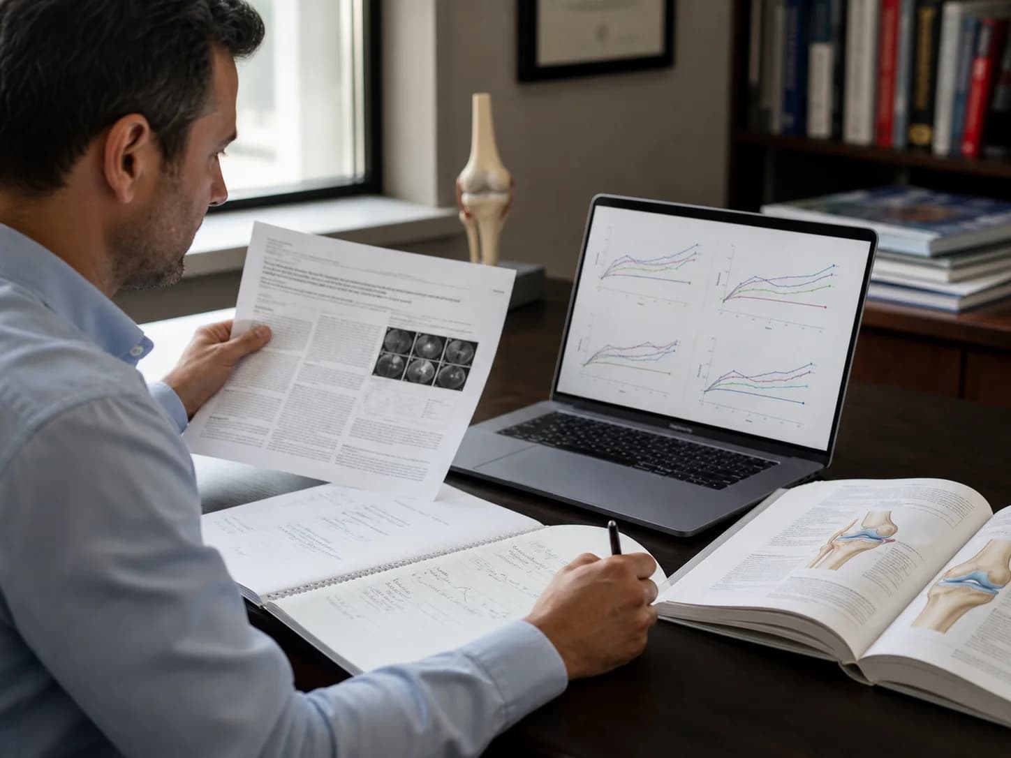 Orthopaedic clinical researcher reviewing a cartilage study and outcome charts