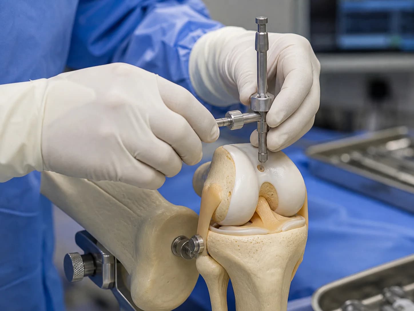 Surgeon demonstrating perpendicular CartiHeal alignment on a synthetic knee model