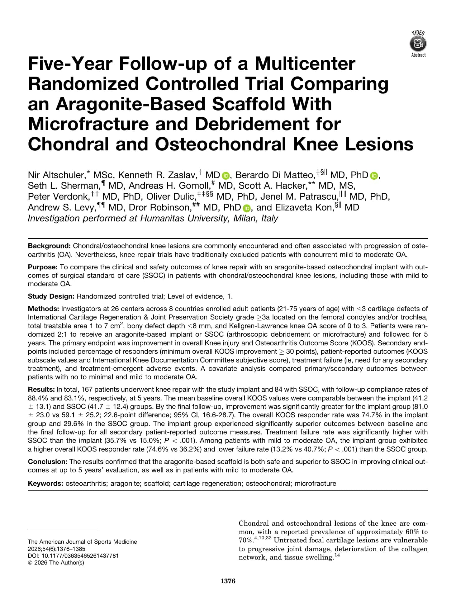 First page of the 2026 American Journal of Sports Medicine five-year CartiHeal randomised controlled trial