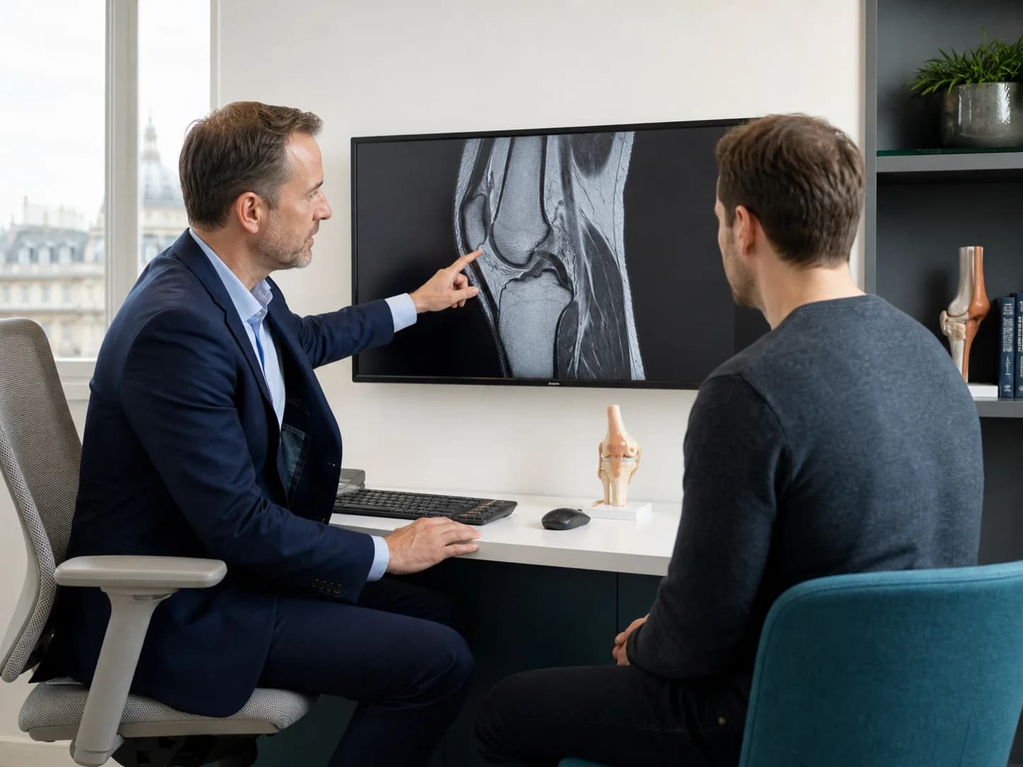 Specialist and patient reviewing a knee MRI during a CartiHeal suitability assessment