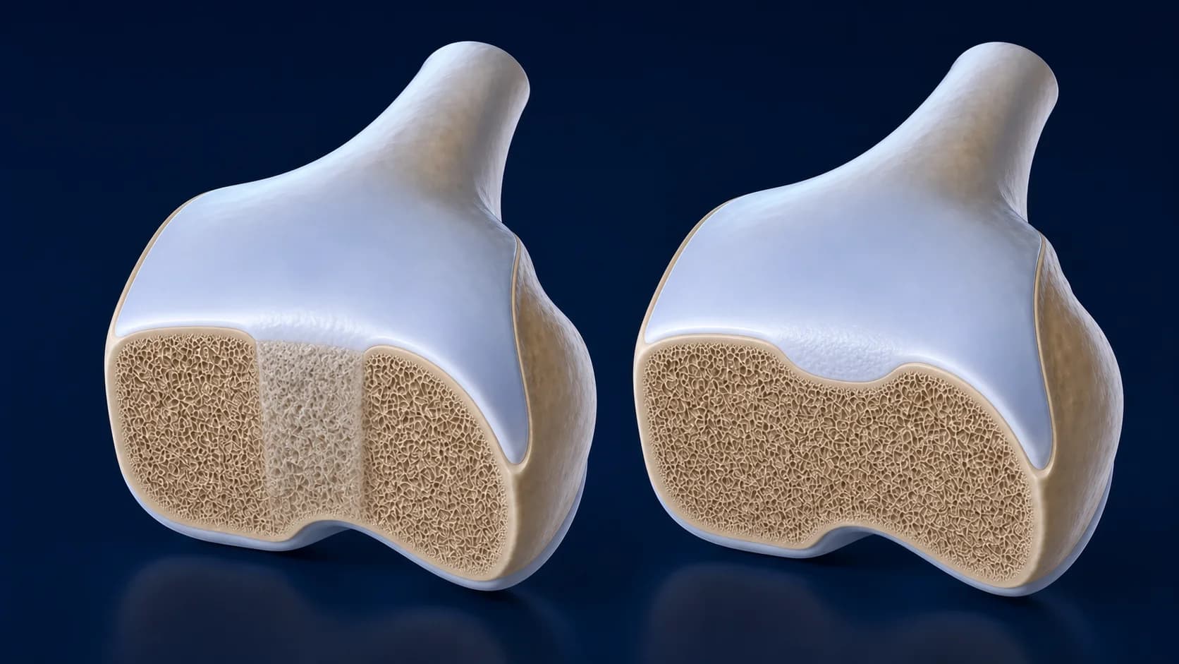 Matched healed femoral-condyle cutaways comparing CartiHeal osteochondral remodelling with mature ACI cartilage repair over intact subchondral bone