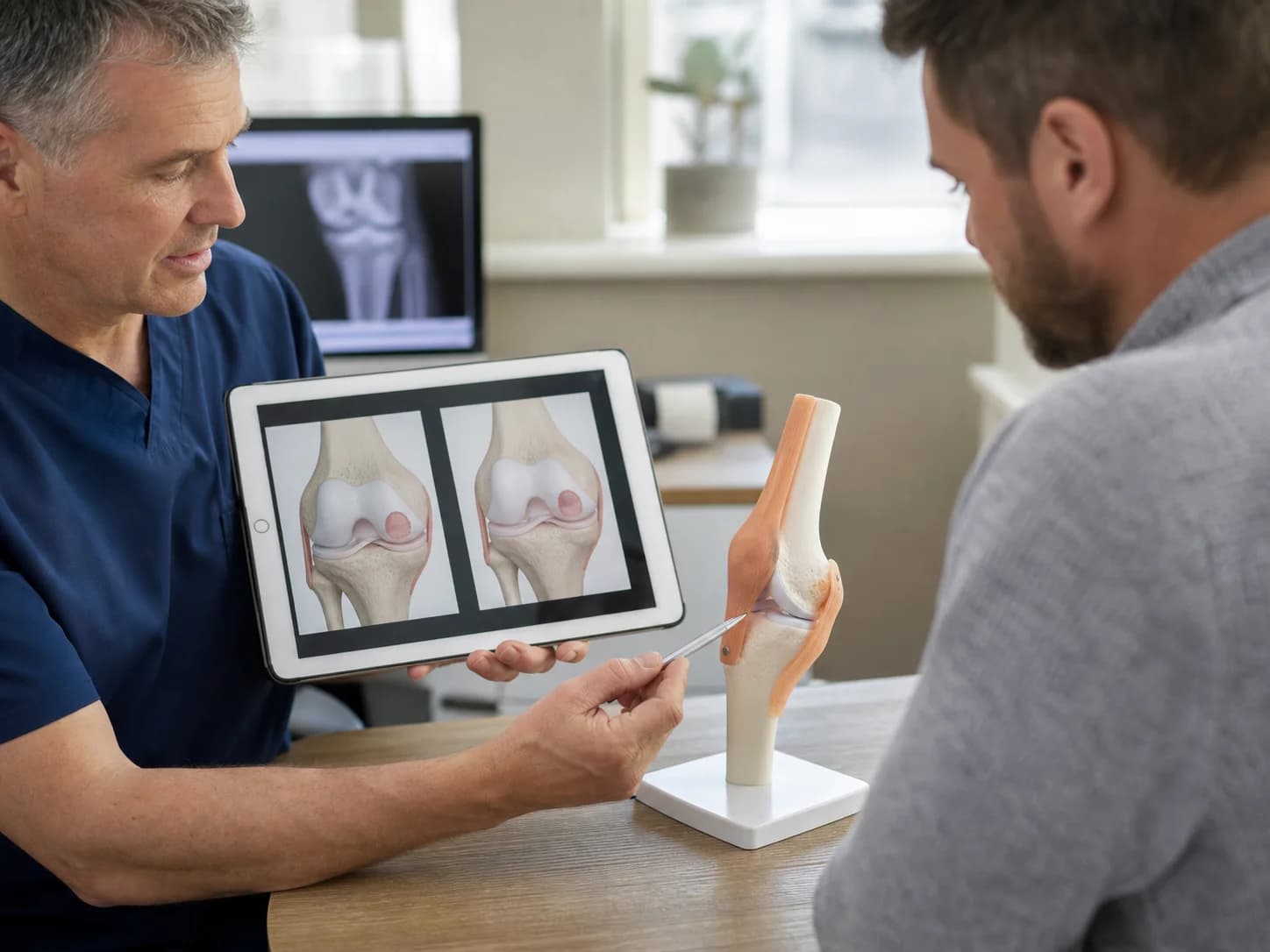 Clinician comparing two knee cartilage repair diagrams with a patient