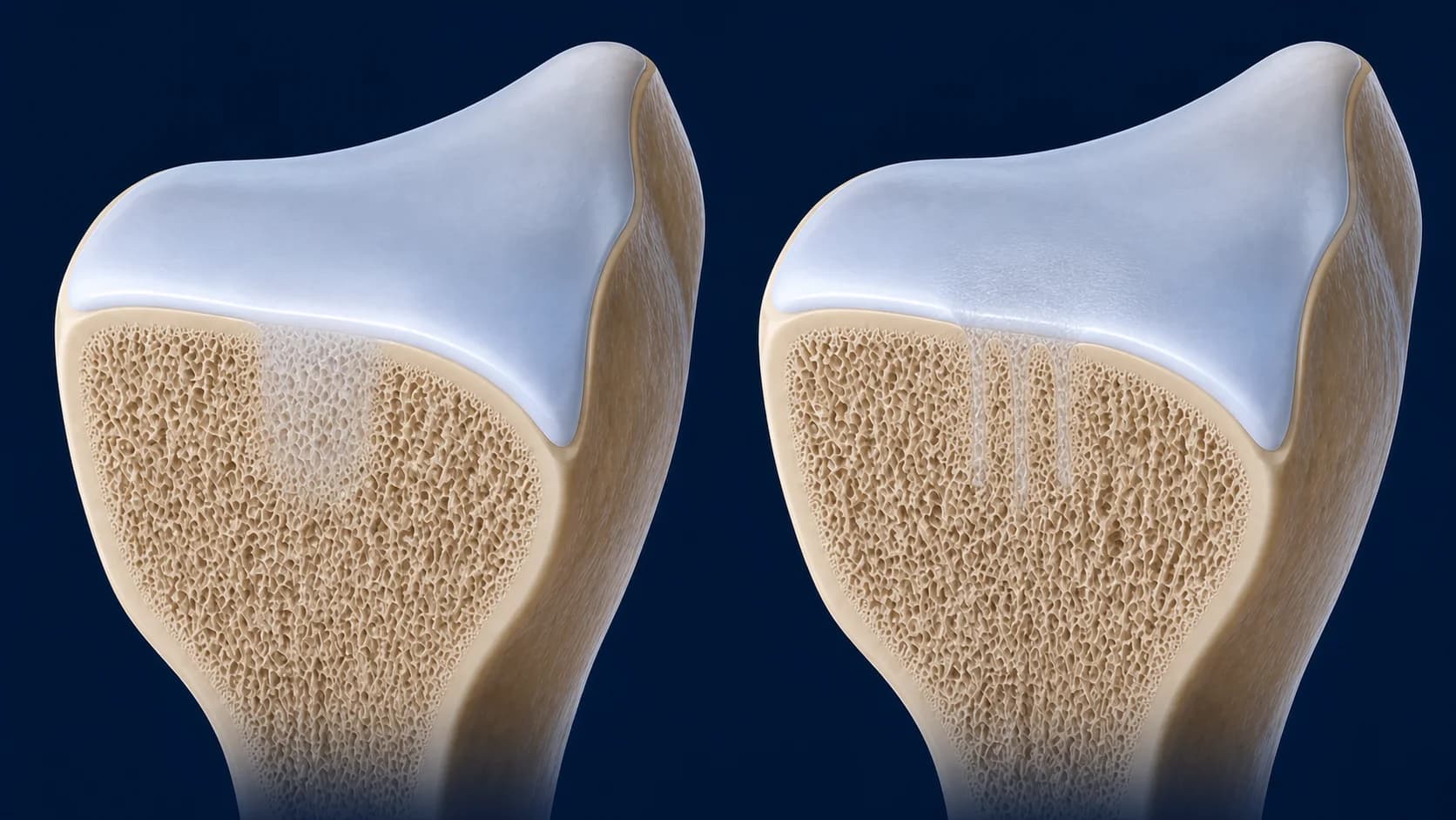Matched healed femoral-condyle cutaways comparing CartiHeal osteochondral remodelling with microfracture repair tissue and faint marrow-channel tracks