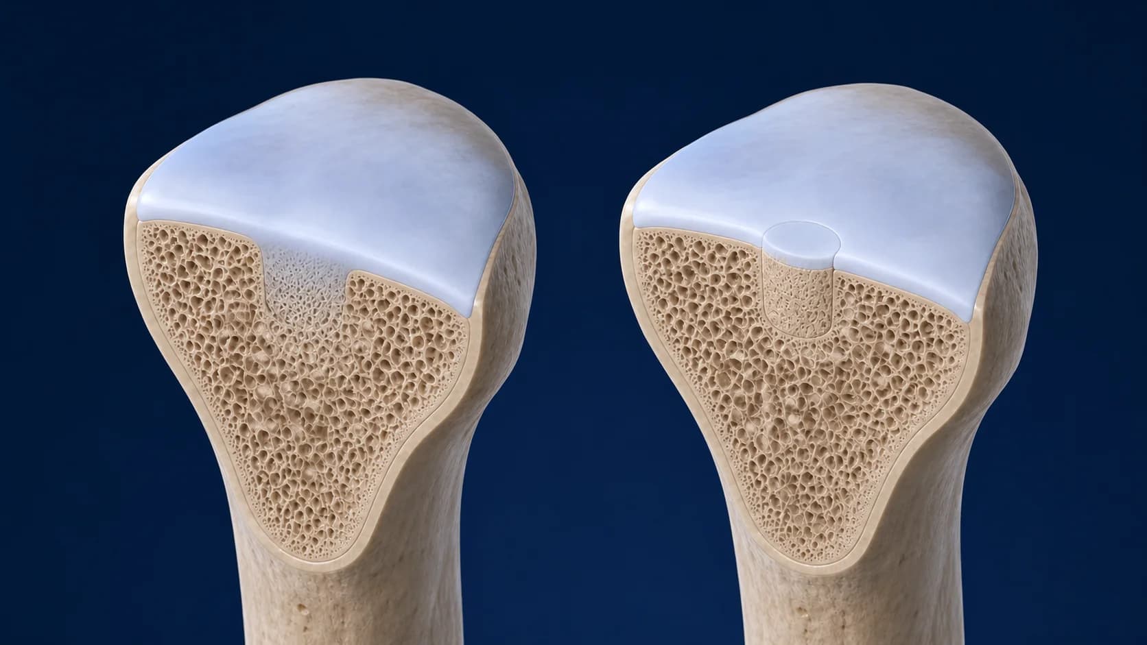 Matched healed femoral-condyle cutaways comparing CartiHeal osteochondral remodelling with an integrated cartilage-capped OATS autograft