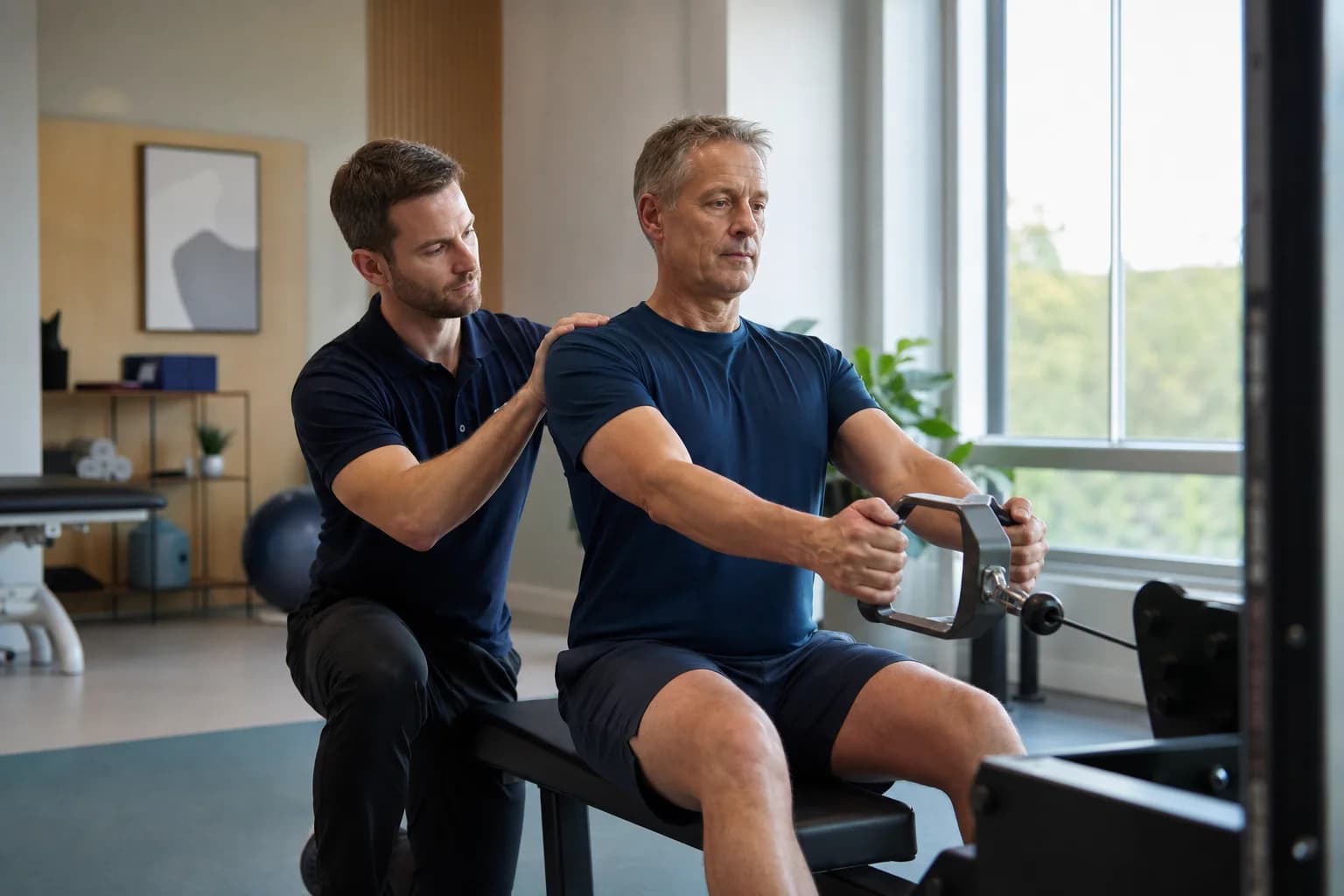 Man rebuilding shoulder capacity with a supervised cable row