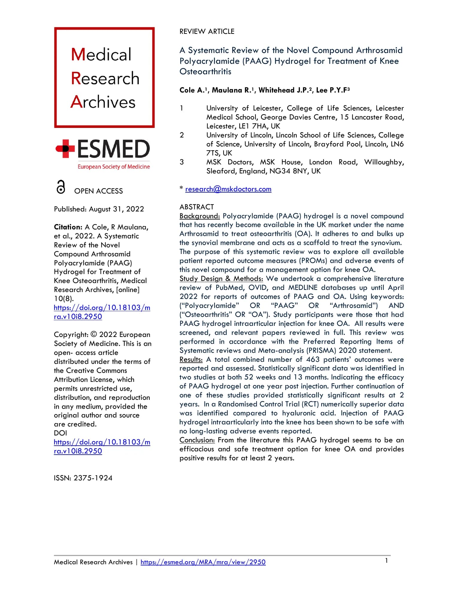 First page of the 2022 systematic review of Arthrosamid evidence