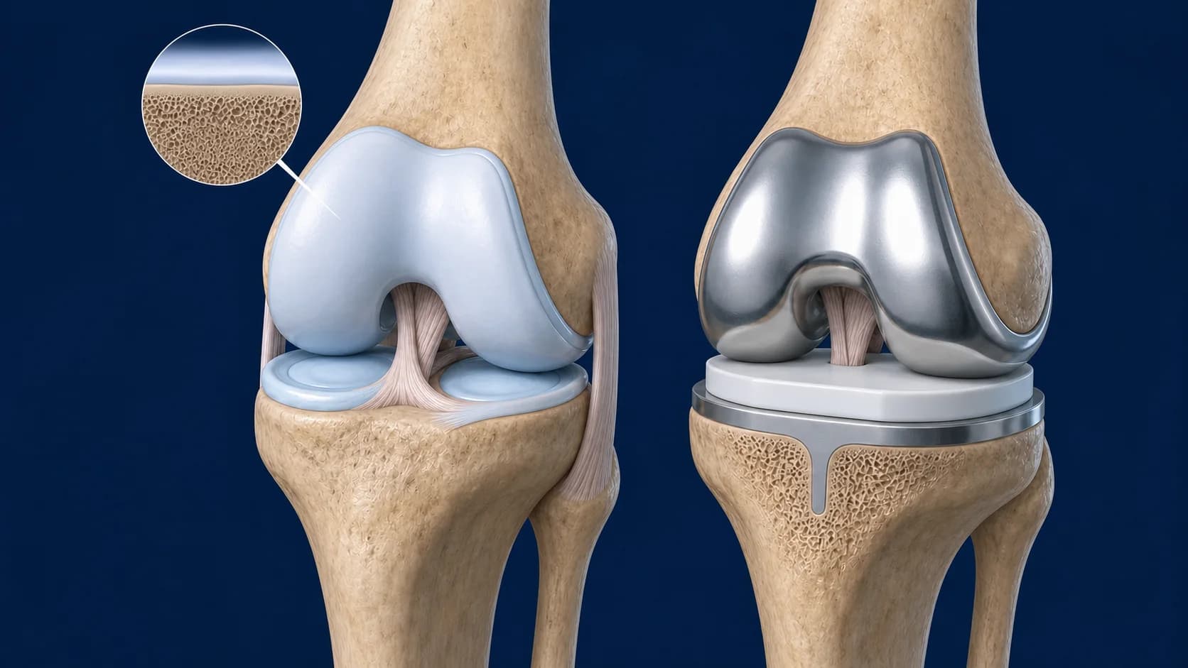 Matched knee illustrations comparing a successfully remodelled focal CartiHeal repair with metal and polyethylene total knee replacement